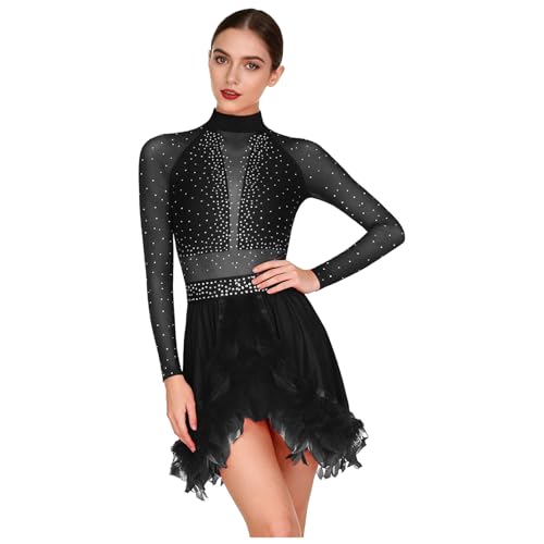 inlzdz Damen Latein Tanzkleid Langarm Glitzer Minikleid Ballettkleid Trikot Eiskunstlauf Kleid mit Federn Elegant Ballroom Bühne Tanzkostüm Schwarz...