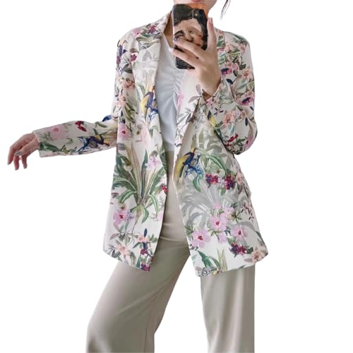 Womens Summer Floral Print Casual Blazer Trendy Lightweight Button Up Office Work Suit Jacket Open Front Graphic Cardigan