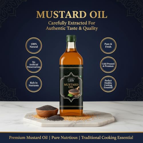 Image of LILA DRY FRUITS Mustard Oil for Cooking 1 Litre (500 ML x 2) Pure Seed Kachi Ghani Oil | Cold Pressed Cooking Oil for Frying & Pickles Sarson ka Tel Perfect for Daily Use, Chemical free Helps Manage Cholesterol