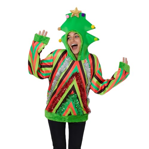 Felcia Women Men Christmas Hoodie Long Sleeve Tree Hooded Sweatshirt Contrast Color Christmas Cosplay Costume (A-Green L)