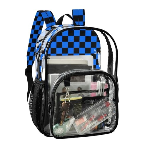 Black Dark Blue Checkered Plaid Clear Backpack Heavy Duty See Through Transparent PVC BookBag for Kids Boy Girl Adult School Work2