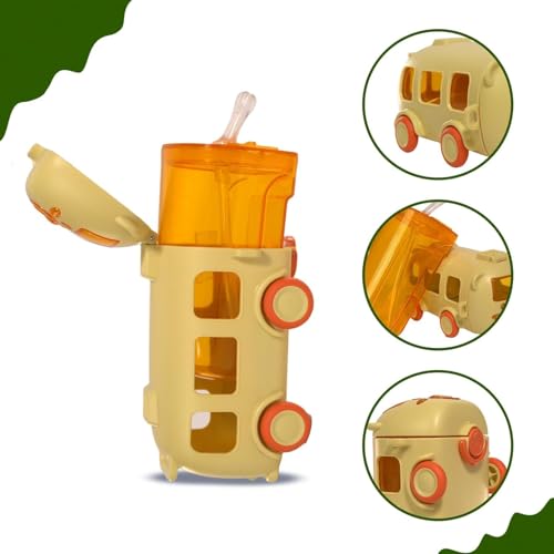 Image of PLUSPOINT Bus Water Bottle for Kids Detachable Straw Water Cup with Shoulder Strap Leak-Proof Kids Drink Cup Cute Cartoon Water Jug Toy with Wheels Toddler Water Bottle for Boys and Girls