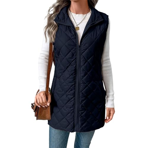 Winter Warm Outerwear Womens Quilted Long Vest Mid Length Padded Gilet Sleeveless Jacket With Pockets Lightweight Coat Navy Blue XX-Large