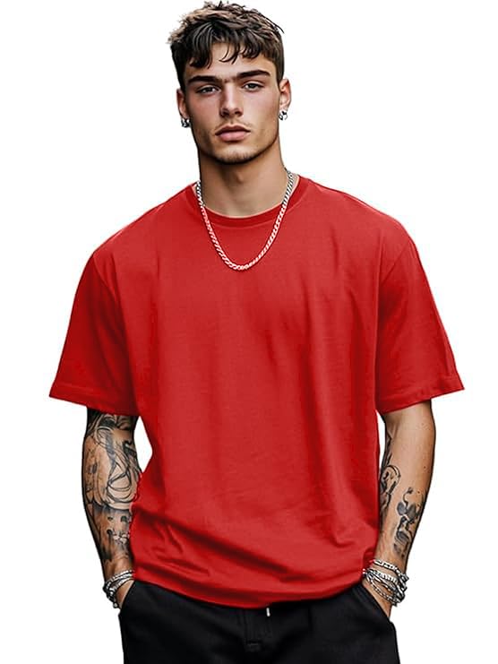 Image of Oversized Baggy Fit Drop Shoulder Half Sleeves Round Neck Solid Pure 100% Cotton T-Shirt for Men (Available in White, Black,Navy Color)