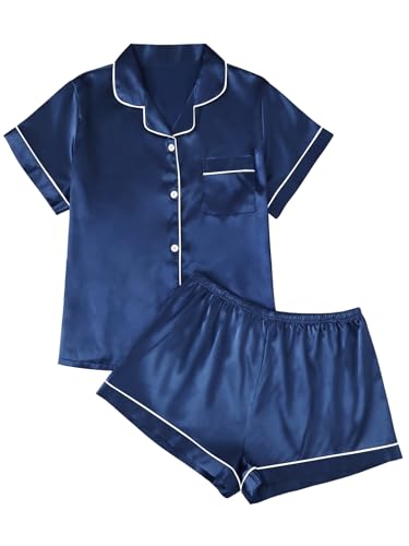 LILLUSORY Silk Satin Pajama Set for Women 2 Piece Lounge Pjs Winter Matching Summer Sleepwear Button Down Shirt Shorts Navy M
