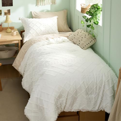 Image of Bedsure Twin XL Comforter Set - Ivory Comforter, Boho Tufted Distressed Vintage Bedding for Kids, 2 Pieces Farmhouse-Style Bed Set for All Seasons, Fluffy Soft Bedding with 1 Pillow Sham