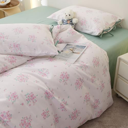 Image of LifeTB Aesthetic Floral Comforter Set Queen, 3 Pieces Pink White Cottagecore Comforter Floral Bedding Set, Lightweight Vintage Botanical Flowers Comforter with 2 Bow Ties Pillowcases for Girls Women