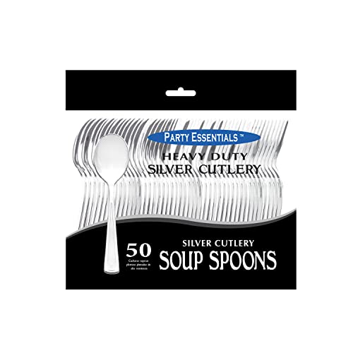 Party Essentials Disposable Plastic Cutlery/Heavy-Duty Flatware/Silverware For All Events, 50-Count Soup Spoons, Shiny Silver #TOP2