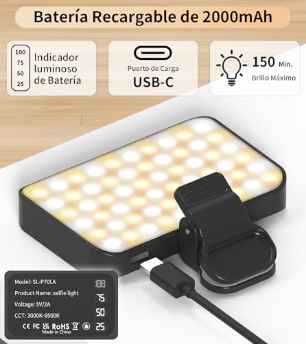 TONEOF Luz Portátil, Luz Selfie Recargable 2000mAh con Clip Giratorio de 360°, Ajuste de Estudio en 10 Niveles, Luz Movil para Videollamadas/Estudio Fotografía/Maquillaje/TikTok/Zoom-Negra - imagen 4