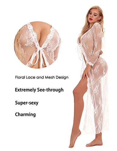 cunlin Women Sexy See Through Lace Gown Kimono Cover Up Sleepwear Set Plus Size Dress Maternity Pregnant Robe White M - Thumbnail 4