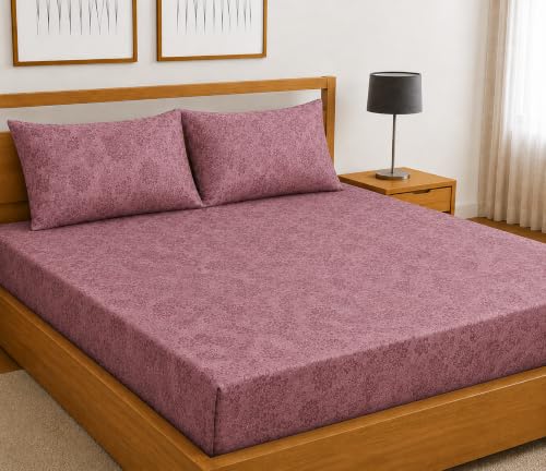 Image of Fitted Bedsheet Mauve 3D Floral Print Glace Cotton 210 TC | Queen Size for Double Bed Fits 5 x 6.5 ft Mattress (60 x 78 Inch) | All Around Elastic | 2 Pillow Covers | 10 Inch Deep Pocket