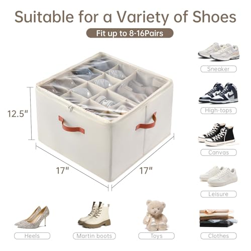 Image of INSTY Shoe Organizer for Closet, 2 Pack Foldable Shoe Storage Containers, Fits up to 16-32 Pairs, Adjustable Dividers for Shoe Organizer, Fabric Shoe Storage Bins with Clear Cover, Beige
