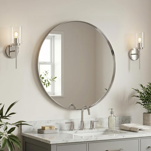 Image of ANDY STAR Round Mirror, Chrome Round Mirror, 28 inch Bathroom Vanity Mirror, Modern Bathroom Mirrors in Premium Stainless Steel Metal Frame
