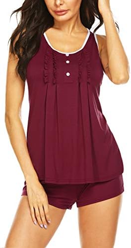 Womens Pajamas Set Sleeveless Ruffle Tank Top and Shorts Nightwear Sleepwear Pjs Sets