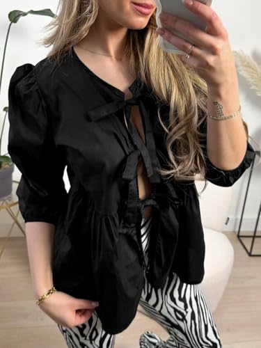Tankaneo Womens Tie Front Tops Blouses Long Puff Sleeve Peplum Babydoll Bow Shirt Summer Coquette Tops3