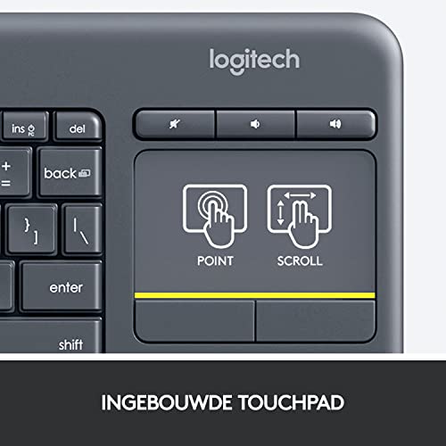 Logitech K400 Plus Draadloos Touch Toetsenbord, Huiskamer Toetsenbord, Home Cinema PC op TV, Touchpad, Windows/Android, Laptop/Tablet, Unifying Receiver, Zwart, Indeling: VS QWERTY - Afbeelding 5