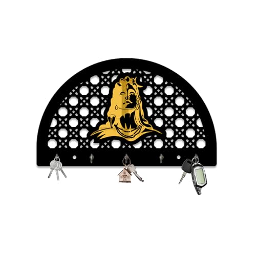 Oh Damn Wooden with Golden Details Key Holder for Home Decor Stylish Without Drill | Rattan Pattern Minimalist Keys Organiser | Elegant Entrance Decor Key Storage | Shiva - Black and Golden