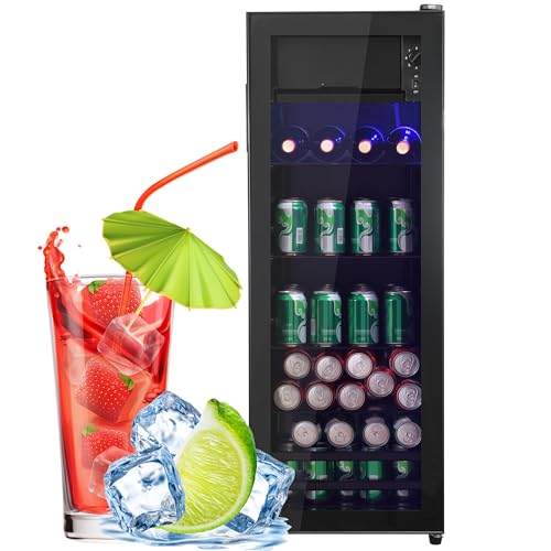RCBDBSM Mini Frigorífico 128L con Puerta de Cristal Silencioso 43dB, Nevera para Bebidas con Iluminación LED, Nevera para Botellas, Mini Nevera 0-10°C para Mini Bar, Fiesta, Oficina y Hotel, Negro