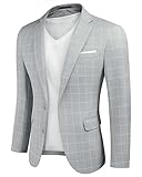 YND Men's Slim Fit Two Buttons Linen Business Blazer, Sport Coat Lightweight Business Daily Coat Light Grey-White Plaid