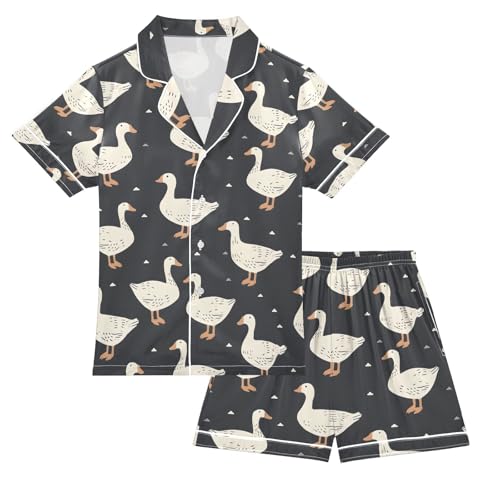 ALAZA Duck Goose Vintage Pajamas Satin Pajama Set Short Sleeve Button Down Sleepwear
