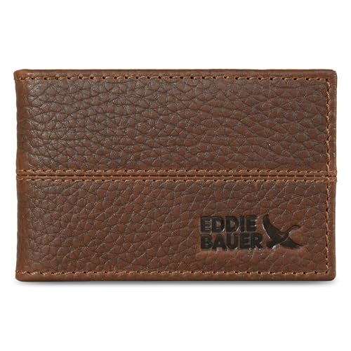 Eddie Bauer Mens Rugged Leather Bifold Wallet | Money Clip | RFID Protection | ID Window | Genuine Leather | Everyday Use | Tan