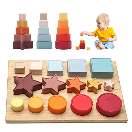 Oessuf Shape Puzzles Silicone Stacking Cups Soft Nesting Cups Rainbow Montessori Shapes Recognition For Boys And Girls Learning Toy For Baby Toddler With Wooden Base #TOP6
