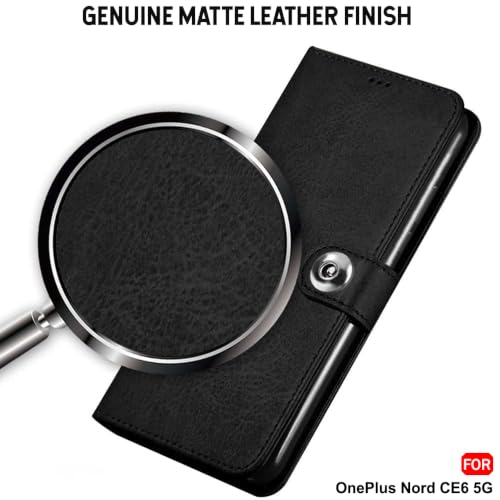 Image of TheGiftKart Genuine Leather Finish Flip Back Cover Case for OnePlus Nord CE 6 5G | Inbuilt Pockets & Stand | Wallet Style | Designer Button | Flip Back Cover for OnePlus Nord CE6 (Faux Leather, Black)