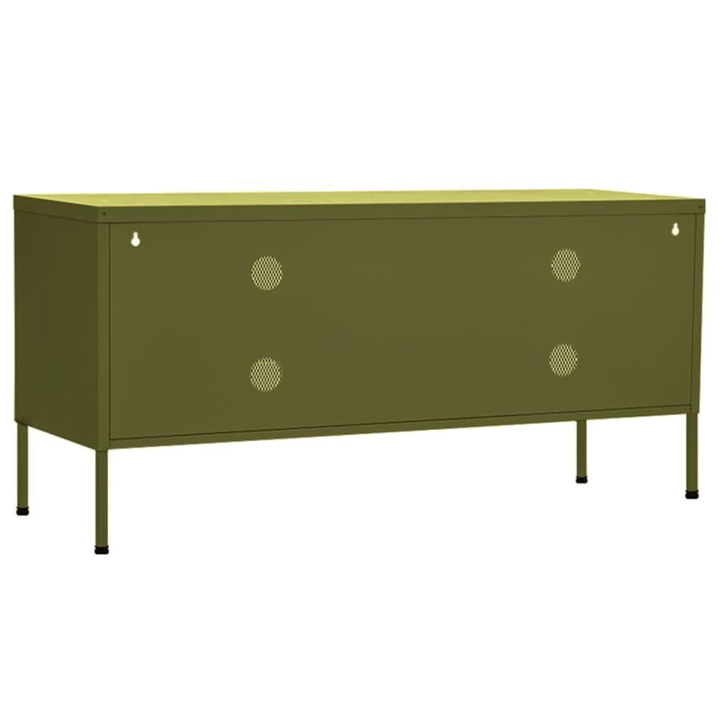 Szafka pod telewizor oliwkowozielona szafka TV z konstrukcją stalową i poziomownikami, 2 drzwi z kratki, regał i zarządzanie kablami. 105 x 35 x 50 cm, stal