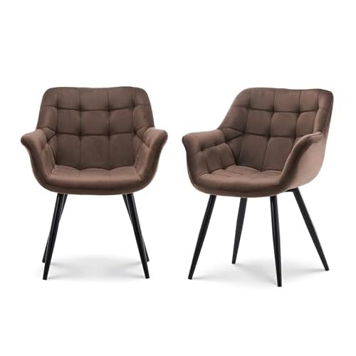 Abaseen Brown Velvet Dining Chairs Set of 2 | Kitchen Counter Chairs | Square Pattern | Solid Metal Legs | Thick Padded Upholstered Seat | Suitable for Reception Areas, Living Rooms, Bedrooms