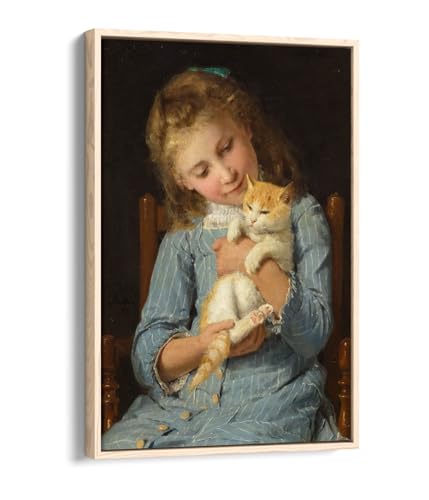 Impression sur toile Albert Anker Fille avec chat 50,8x76,2 cm cadre chêne