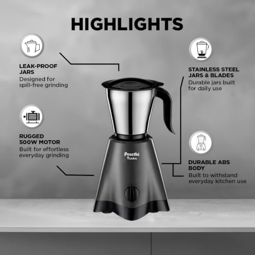Image of Preethi Tiara 500 Watts Mixer Grinder, 3 Jars (Stainless Steel), Perfect for Grinding Masalas, Chutneys and Purees, 2 Year Warranty, Lifelong Free Service, Black