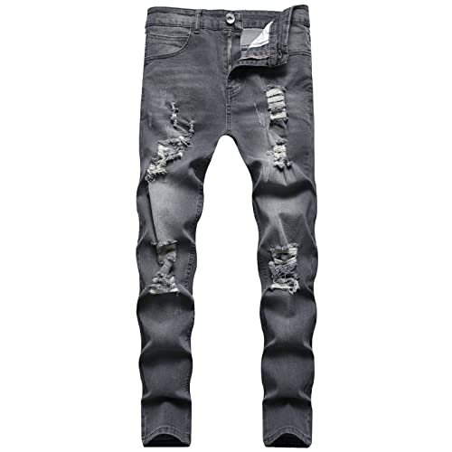 DGHM-JLMY Men's Fashion Tattered Slim Jeans Destroyed Straight Leg Denim Skinny Slim Fit Ripped Distressed Stretch Jeans (Grey,Small)