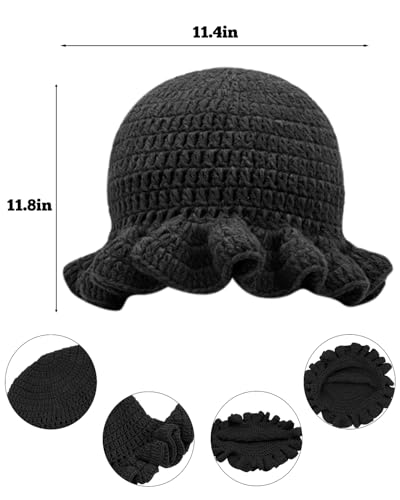 Image of Women Crochet Bucket Hat Cute Winter Ruffled Brim Floppy Cap Handmade Knit Cloche Hats