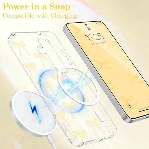 Image of UEEBAI Magnetic for Samsung Galaxy S26 Case, Bow Case Compatible with MagSafe, Wireless Slim Clear Ribbon Aesthetic Phone Cover Anti-Yellowing Shockproof Protective Cover for Women Girl - Yellow
