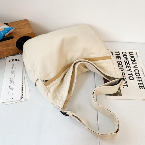 Image of Cotton Tote Handbag Women Canvas Crossbody Beach Bag Hobo Shoulder Tote Bag with 3 External Pocket,Zipper Closure