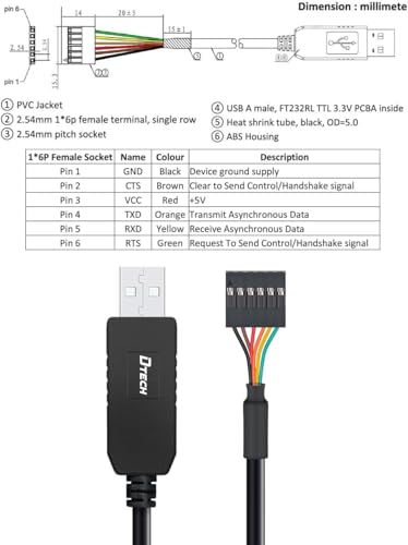 Image of DTECH USB to TTL Serial Cable 3.3V 6 Pin UART Adapter Debug Cord Compatible with Windows 11 10 8 7 Linux MAC OS Genuine FT232RL Chip 6Pin 3v3 Level Signal 2.54mm Dupont Female Header (1M)