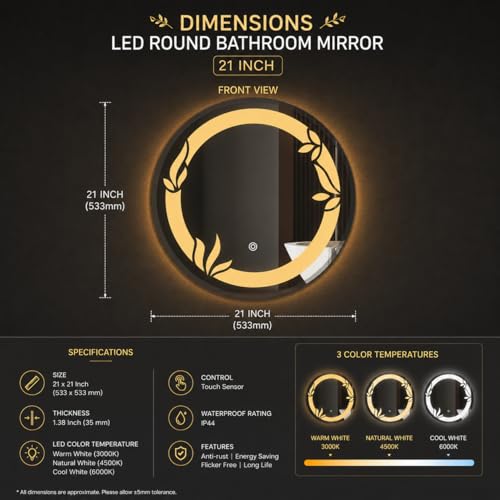 Image of LED Smart Bathroom Mirror with Touch Sensor | 3-in-1 Light Modes - Warm White | Cool White & Natural Light | Office and Home Use (Round 2nd, 21x21)