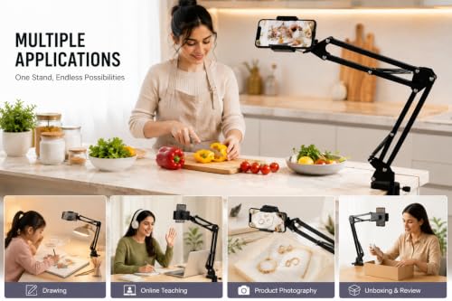 Image of Adjustable Overhead Mobile Holder Stand for Smartphones & Tablets, Metal Arm with 360 Rotation, Anti-Slip Clamp, Flexible Desk Mount for Video Recording, Live Online Classes & Video Calls