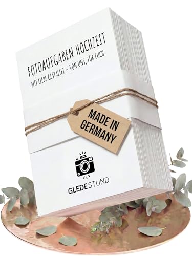 GLEDESTUND Fotoaufgaben Hochzeit – 100 Karten mit 90 kreativen Aufgaben + 10 Blanko-Karten, nachhaltig produziert und in modernem, schlichtem Design | Perfektes Hochzeitsspiel für Gäste