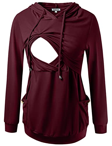 Image of GINKANA Womens Nursing Hoodie Top Sweatshirt Long Sleeve Button Decoration Pockets Shirts Tunic Top