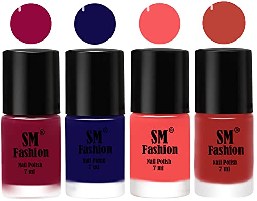 Image of Nail Polish Combo Set (Pack of 4) Quick Dry Gel Finish Nail Paint | Cherry Blossom,Dark Blue,Light Pink,Dark Nude | 7 ml Each