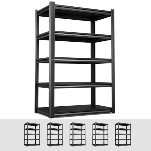 Image of 5 Pack Heavy Duty 5-Tier Garage Shelving Unit (2500 LBS Capacity)-71.2 inchH x 35 inchW x 16 inchD Adjustable Metal Storage Rack, Industrial Steel Utility Shelves for Garage, Pantry, Warehouse, and Basement Black