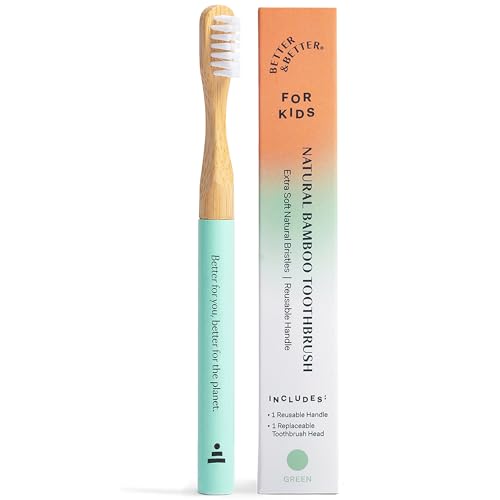 Better & Better Natural Bamboo Toothbrush for Kids | Extra Soft Bristle Toothbrush | 100% Plant-Based | Reusable Handle, Replaceable Brush Head | Eco-Friendly, Zero Plastic (Green)