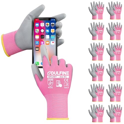 DULFINE Touchscreen Work Gloves for Women 12 Pairs, PU Coated Pink M