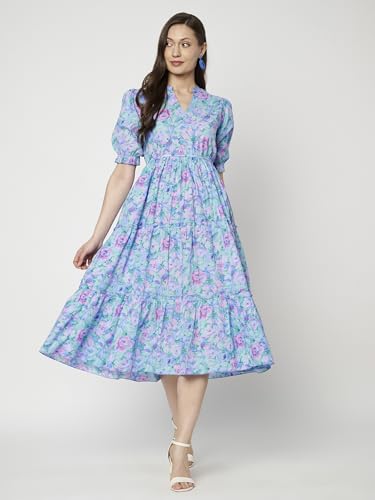 Image of PIDAVLIYA'S Women's Floral Summer Maxi Dress I Cotton Printed I One Piece Bodycon Midi Dress with V-Neck, Puffed Sleeves