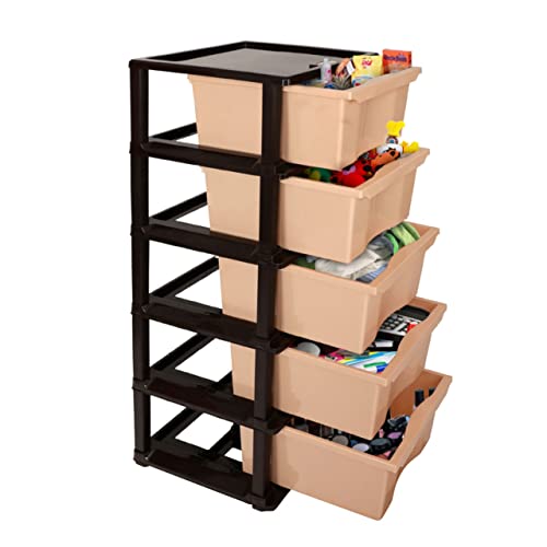 Image of SIMPARTE 5 Layer Plastic Drawer Storage Organizer Big in Brown & Beige - Durable Modular Cabinet for Home, Office, Kitchen, Kids Room & School - Multipurpose Storage Rack for Toys & More