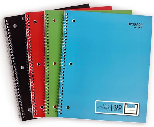 UPGRADE NOTES Spiral Notebooks, 1 Subject, Wide-Ruled Paper, Thick Paper Resists Ink Bleed-Through, 100 Sheets Notebook Size 10.5” x 8.0”. Solid Colors, 4-pack