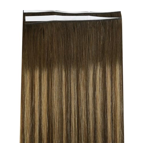 Image of Full Shine Tape Hair Extensions Real Human Hair Color 4 Medium Brown Ombre 24 Blonde And 4 Tape in Weft Hair Extensions Human Hair Remy Extension 50G One Piece Cuticles Aligned Natural 22Inch