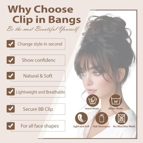 KISANOF Clip on Bangs, 100% Real Human Hair Dark Brown Wispy Fake Bangs Clip on Air Bangs Natural Curtain Fringe with Temples for Daily Wear - 3