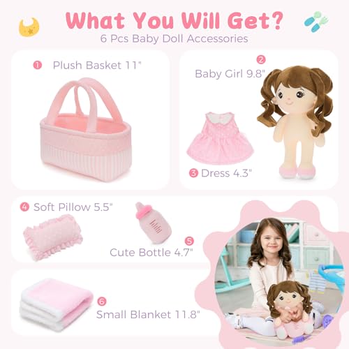 MaoGoLan 6Pcs Pink Baby Doll Set, 11\'\' Baby Doll Accessories, Soft Plush Doll with Portable Bassinet, Blanket, Bottle & Clothes, Pretend Play Set, Ideal Valentine Christmas Birthday Gift for Girls